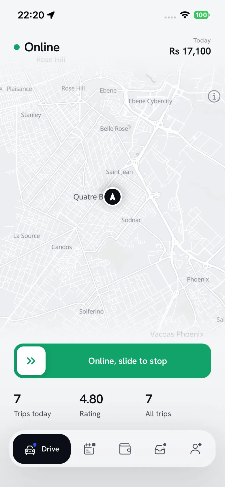 The driver app online: today’s takings, trips and rating, with Online, slide to stop