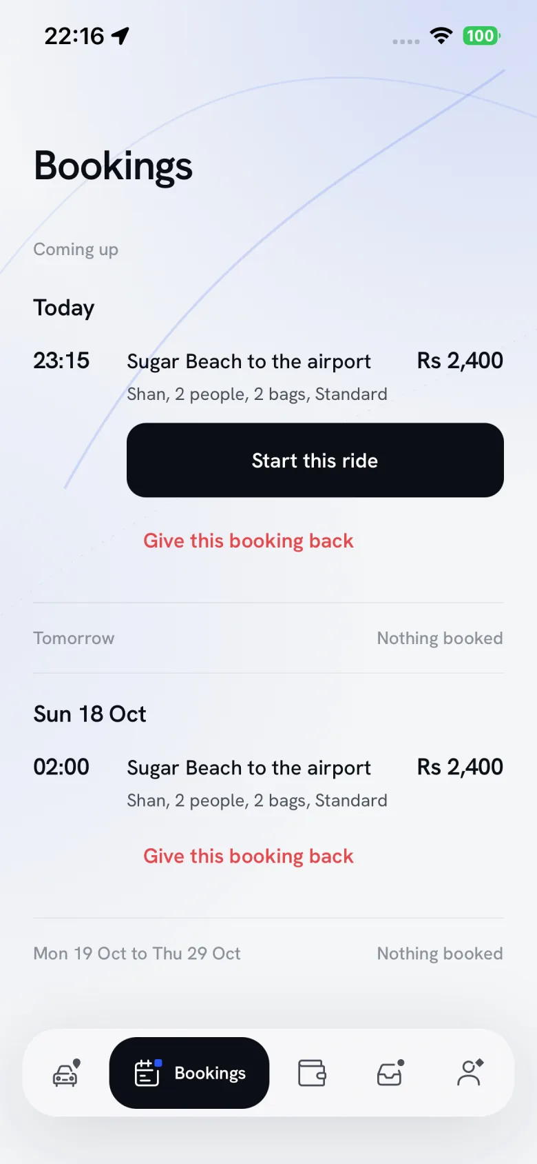 Bookings by day, each with the time, route, people, bags and fare
