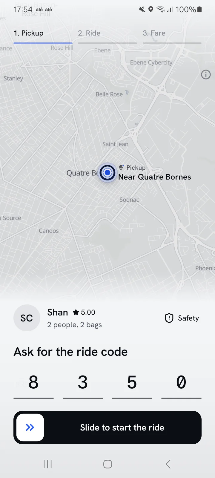 Ask for the ride code: 8350 entered, and Slide to start the ride