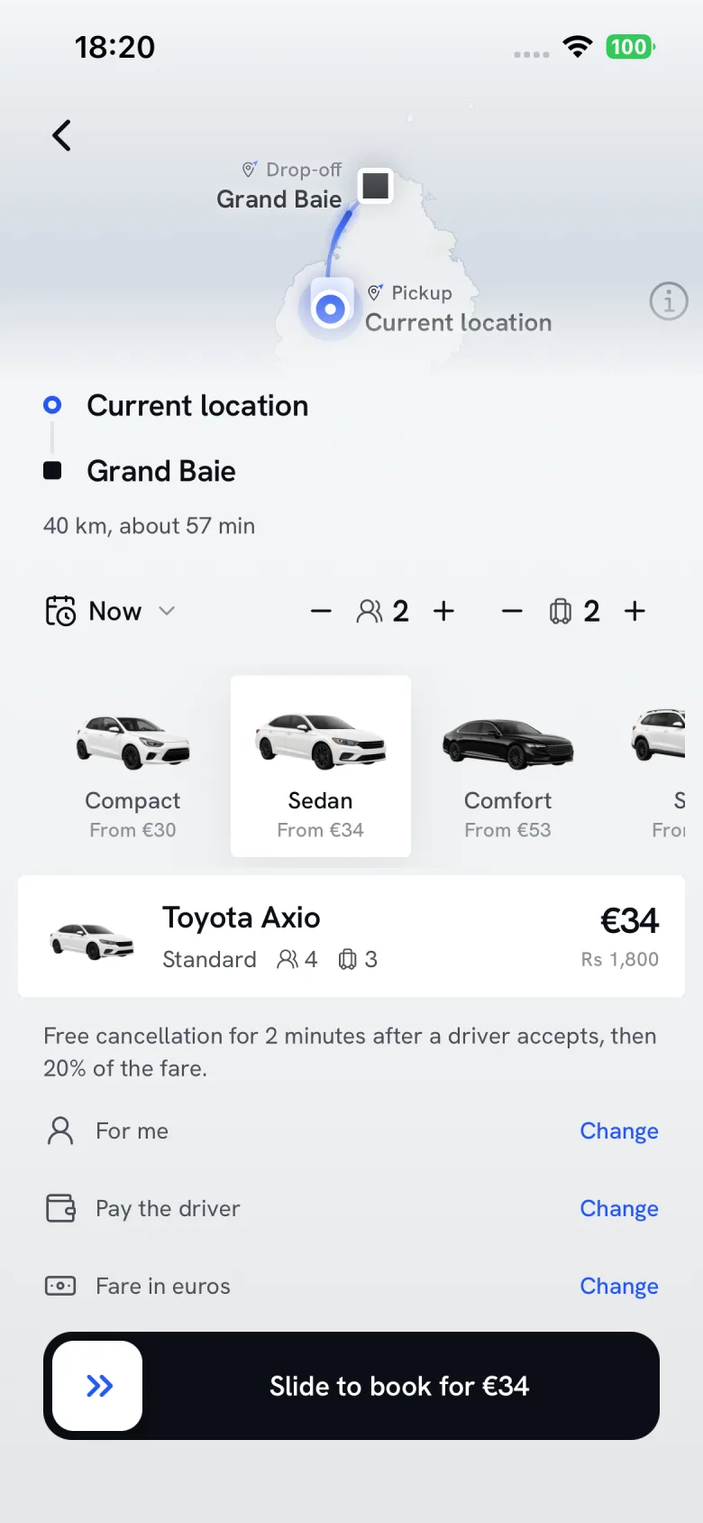 Lekran pasaze: bann tip loto depi Compact ziska Van avek zot pri, enn Toyota Axio Sedan pou €34, ek « Slide to book for €34 »